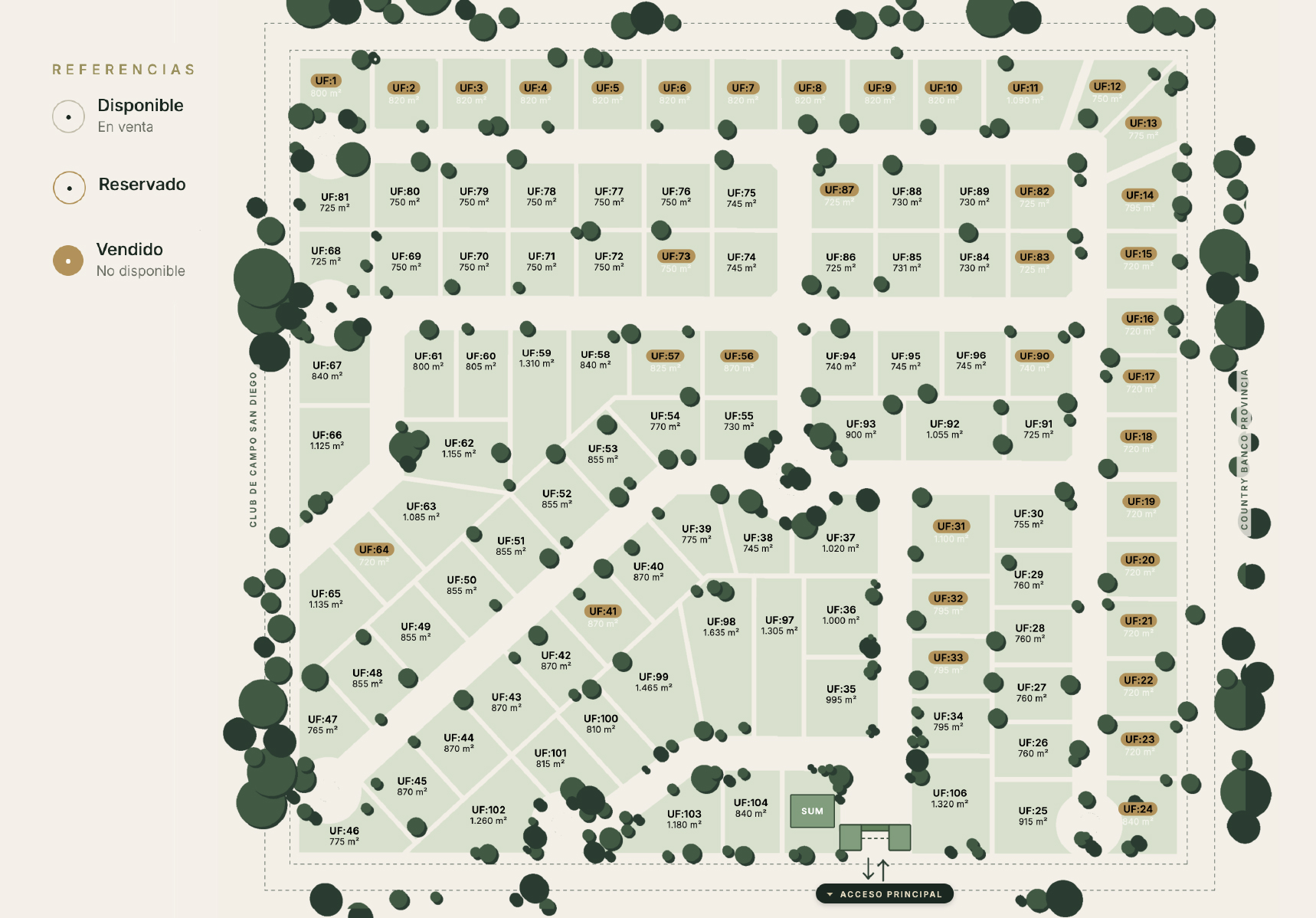 Masterplan de Barrio Cerrado del Golf con la distribución de sus 106 lotes