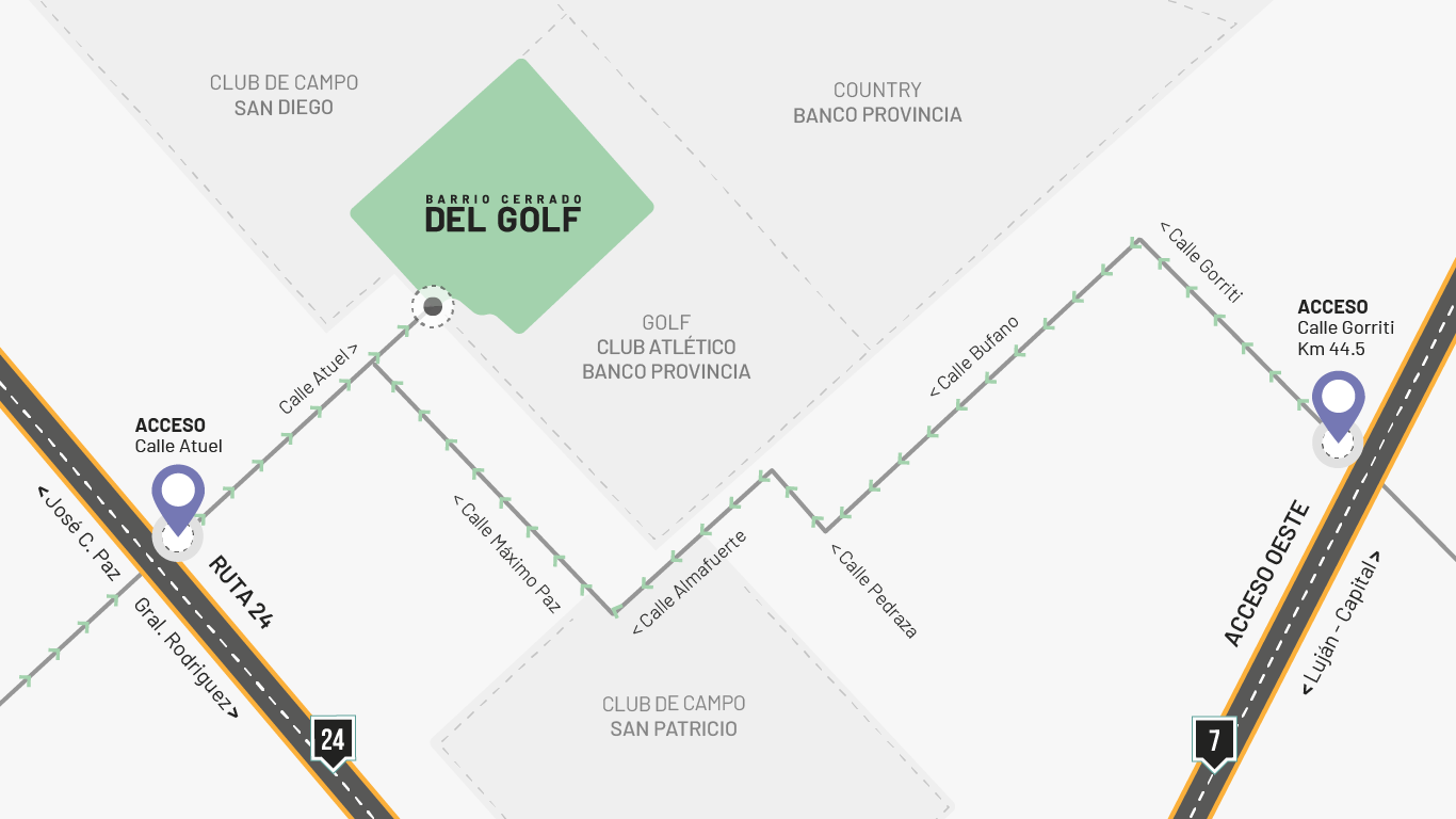 Mapa de accesos a Barrio Cerrado del Golf desde Ruta 24 y Acceso Oeste